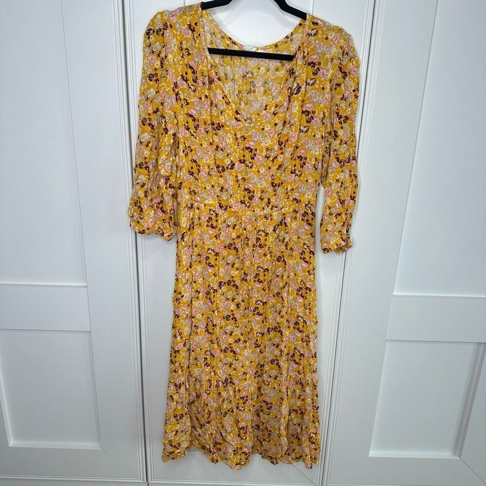 Gap mustard yellow floral midi dress tie waist small (m1)